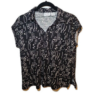 Women's Nicole Miller Black White Graphic 100% Linen Collared Shirt Wine Medium